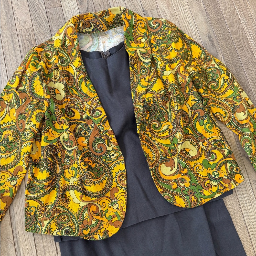 1960s VOLUP VINTAGE 3 PIECE SET PAISLEY JACKET BROWN TOP SKIRT LARGE
